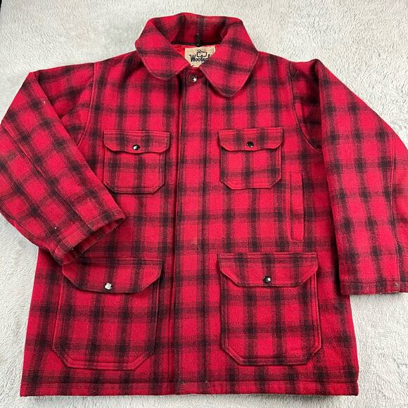 Woolrich Vintage Red Buffalo Plaid Hunting Jacket Size 44 Wool Field Coat SZ L - Picture 1 of 8